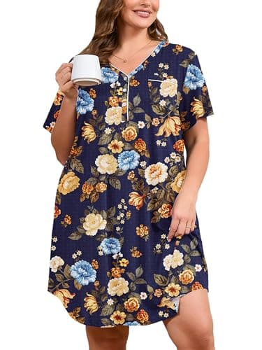 AusLook Plus Size Floral Nightgown for Women Midi Sleep 5X Dress Short Sleeve V Neck Flowy Lounge House Dress Casual Printed Night Dress - Image 1