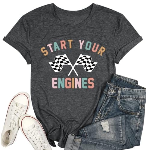 IsPICK Start Your Engines Shirt for Women Racing Car Checkered Graphic Tees
