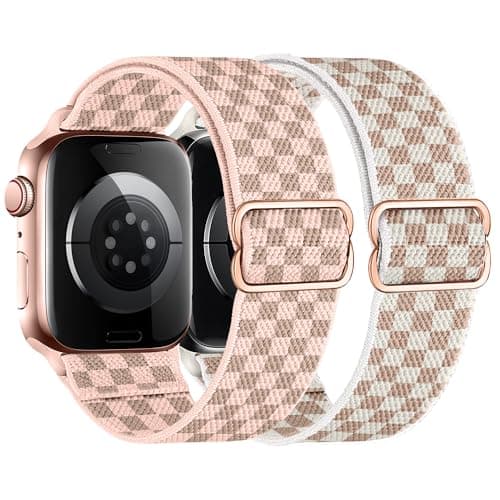 XSMDAJDTXZ 2 Pack Stretchy Solo Loop Compatible with Apple Watch Band 40mm 41mm 44mm 45mm 46mm 49mm 38mm 42mm Women Men, Sport Nylon Elastic Straps Braided Wristbands for iphone Watch Series 11 10 9 8 7 6 5 4 3 Ultra SE (Pink/Rose, 38mm/40mm/41mm/42mm(Series 10))