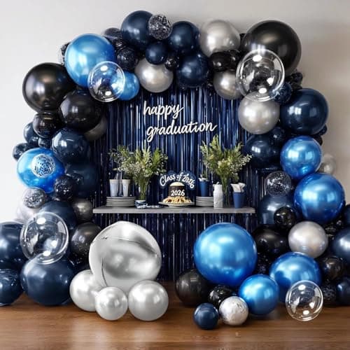 Navy Blue Black Balloon Arch Double Stuffed Black Blue Silver Metallic Balloon Garland for Graduation Class of 2026 Baby Shower Birthday Anniversary Wedding Father's Day Party Decor - Image 1