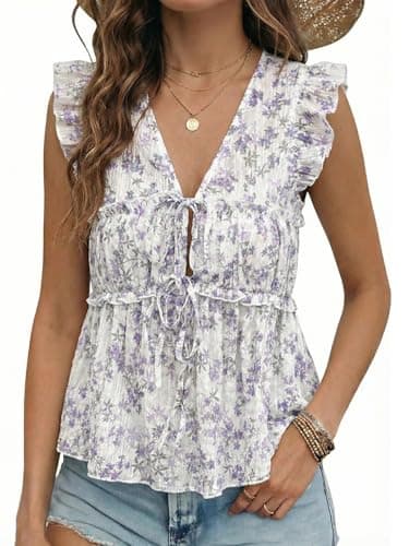 Acelitt Women's Fashion Casual 2026 Summer V Neck Ruffle Cap Sleeve Babydoll Tops Boho Ditsy Floral Print Blouses Shirts Purple Large - Image 1