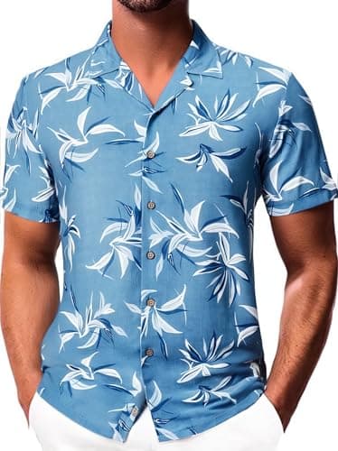 Damipow Mens Unique Pattern Hawaiian Shirt Beach Tropical Button Up Shirts Vacation Cruise Hawaii Summer Clothes,Grey Blue,M - Image 1