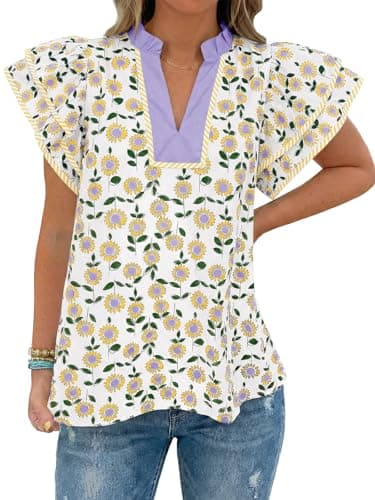 Tankaneo Womens Ruffle Sleeve Floral Blouses Summer Dressy Casual V Neck Tops Loose Fit Pleated Flowy Shirts Yellow - Image 1