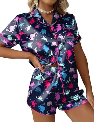 Ekouaer Silk Satin Pajama Set for Women Funny Graphic Sleepwear Button Down Short Sleeve Top and Shorts Pjs Sets Colorful Dinosaur Prints Medium - Image 1