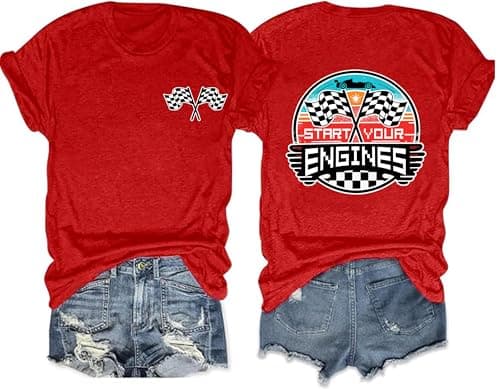 Start Your Engines Shirt for Women Racing Car Tshirts Vintage Checkerd Flag Graphic Tee Tops - Image 1