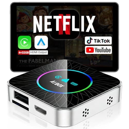AI Box Carplay, 4+32GB Car Video Box for Netflix/YouTube/TikTok/TF Card & HDMI Output Streaming Magic AI Box Wireless CarPlay Adapter with Ambient Light, Fits for OEM Wired Car Play Cars - Image 1