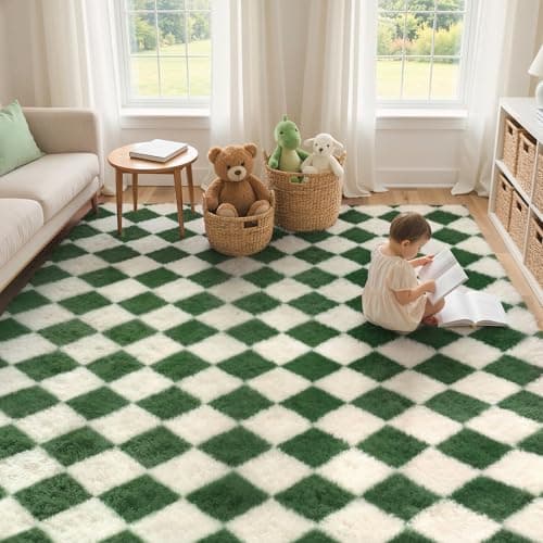 GENIMO Checkered Rug 8x10 Area Rugs for Kids Bedroom Soft Shag Rug Fluffy Fuzzy Carpet Plush Rugs for Living Room Nursery Playroom Dorm Modern Home Decor Aesthetic, Green and White - Image 1