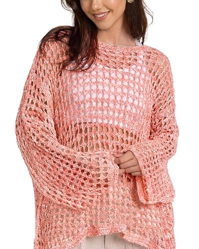 Bsubseach Sexy Beach Cover Ups for Women Hollow Out Crochet Bathing Swimsuit Coverup Sheer Beach Tops Vacation Clothes Pink XL - Image 1