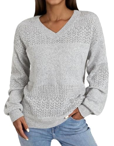 NORACORA Womens V Neck Fall Sweaters 2025 Casual Long Sleeve Ribbed Knit Pullover Lightweight Crochet Pullover Sweater Tops Grey - Image 1