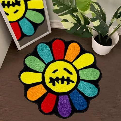 Shovagy Trippy Happy Face Rug Cool Rugs Tufted Quick Dry Bath Mats for Bathroom Non Slip Bath Mat Water Absorbent 2.6FT Rainbow Bathroom Rugs Halloween Gothic Skull Horror Flower Decor Carpet - Image 1