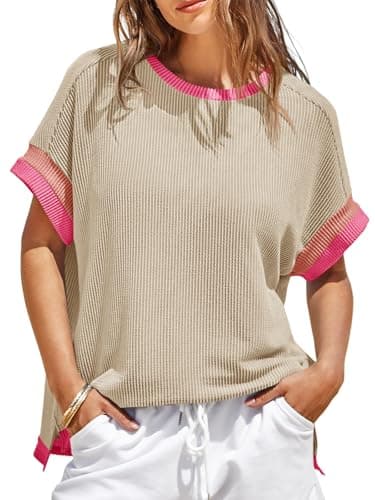 Womens Color Block Oversized Tops Trendy Casual Summer Textured Ribbed Knit T Shirts Loose Fit Short Sleeve Tshirts Khaki - Image 1