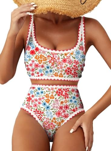 Herseas Women's Plus Size Bikini Sets Floral Color Block Trim 2 Piece Swimsuits High Waisted Scoop Free Wire Sporty Bathing Suits Vintage Holiday Outfits 2026 Summer Pink Ditsy X-Large - Image 1