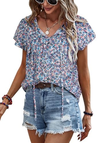Women's Summer Tops Casual Floral Print V Neck Ruffle Short Sleeve Loose Tunic T Shirt Blouse BLF M - Image 1
