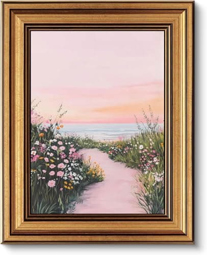 Gold Framed Wall Art, Pink Coastal Seascape Canvas Prints, Pink Sky Beach Wildflower Landscape Picture Wall Decor, Dreamy Beachy Aesthetic Artwork for Living Room Bedroom 12x16 inch - Image 1