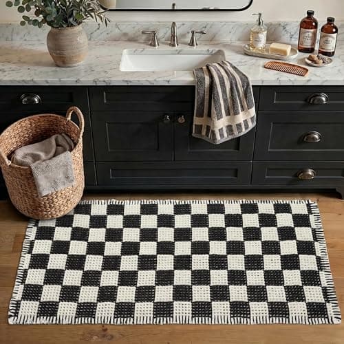 MatEssenz Checkered Runner Rug 2'x4', Black and White Waffle Weave Long Bathroom Rug with Tassels, Non-Slip & Quick Dry Bath Mat for Double Vanity & Kitchen, Machine Washable Boho Decor - Image 1
