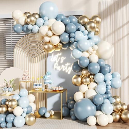 JOYFLOAT Dusty Blue Balloon Garland Arch Kit, Light Blue Gold Dusty White Balloons for Birthday Wedding Baby Shower Bridal Gender Reveal Party Decorations - Image 1