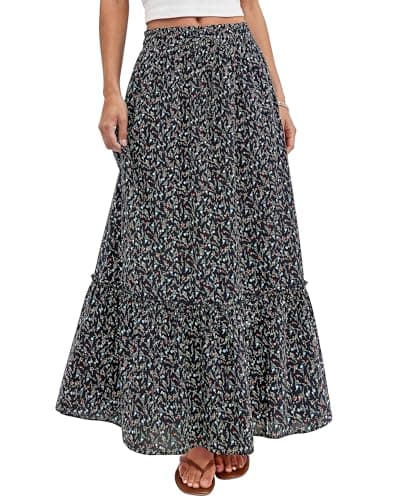 BTFBM Womens Boho Maxi Skirt 2026 Summer Floral High Waisted Flowy Tiered Long Spring Beach Vacation Skirts Pockets(Floral Black Red, Large) - Image 1