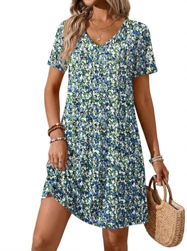 ATHMILE Dresses for Women 2026 V Neck Short Sleeve Casual T Shirt Dress Sundresses Swimsuit Coverup with Pockets Blue Flowers - Image 1