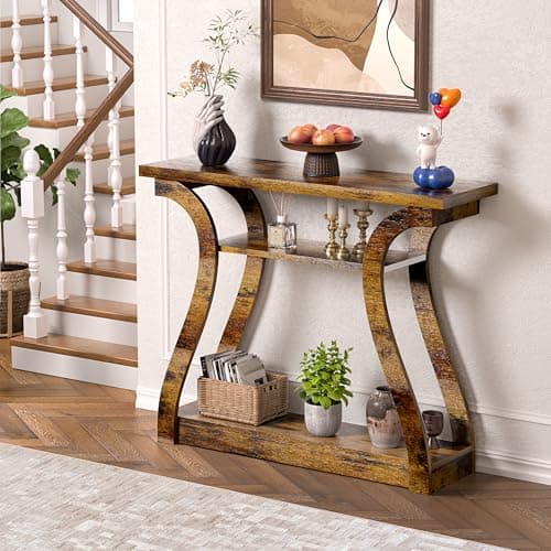 UODERS Wooden Console Table with Curved Legs and Shelf, 3-Tier Modern Accent Narrow Sofa Table for Entrance Area, Living Room, Hallway, 47 in Wide Wood Console Table for Entryway (Retro) - Image 1