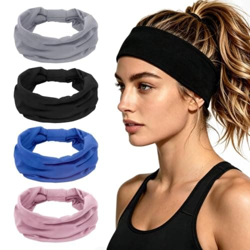 4PCS Headbands for Women, Non Slip Workout Headband Wide Sport Head Bands, Stretchy Headbands for Women’s Hair, Thick Elastic Head Bands Sport Sweat Bands, Knotted Hairbands for Yoga Gym Washing Face - Image 1