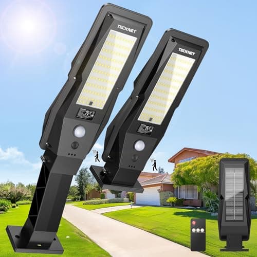 TECKNET Solar Street Lights Outdoor Waterproof - Dusk to Dawn Solar Powered Street Lights IP66, Pole & Wall, with Motion Sensor & Remote, 3 Work Mode, Security Light for Driveway, Yard, Garage, 2 Pack