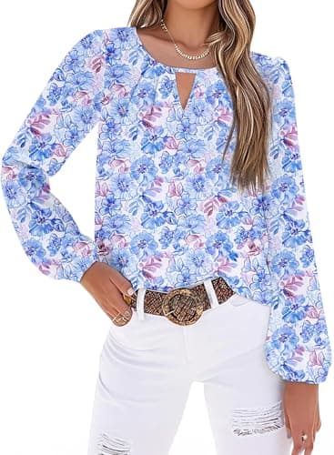 SHEWIN Womens Blouses Dressy Casual Spring Blouse for Women 2025 Long Sleeve Shirts V Neck Summer Boho Tops Floral Blouses for Women Blue Large - Image 1