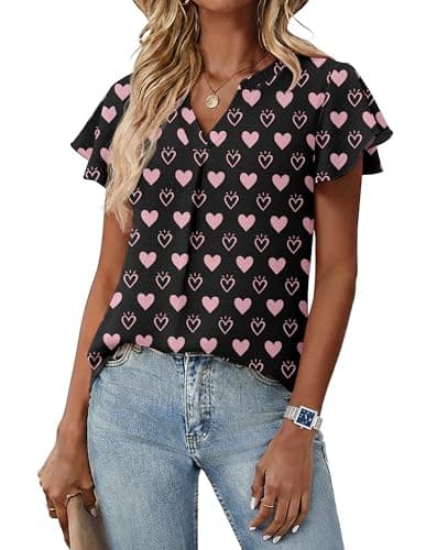 Womens Hearts Spring Tops Summer Dressy Casual Boho Cute V Neck Ruffle Sleeve Blouses Flowy Shirts - Image 1