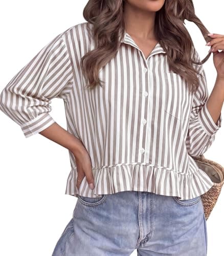 PRETTYGARDEN Womens Summer V Neck Collared Shirts Loose Short Sleeve Button Down Dressy Blouses Workout Tops for Women 2026 (White Brown Striped, X-Large) - Image 1