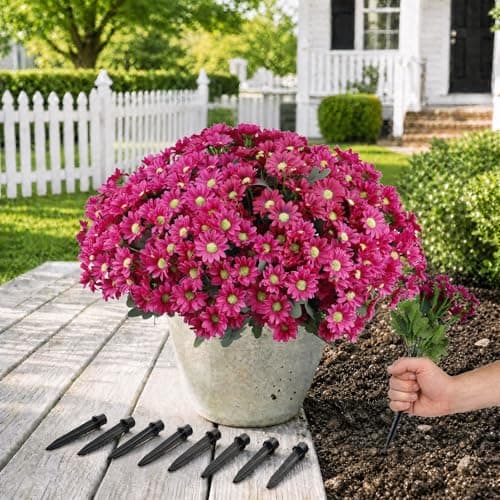 Enlightcode Artificial Flowers for Outdoors with Ground Spikes, 14 Stems Large Fake Flowers, Silk Faux Flowers for Outdoor Planters, Garden, Porch, Window Box & Cemetery Decor, 8 Bundles(PurpleRed) - Image 1