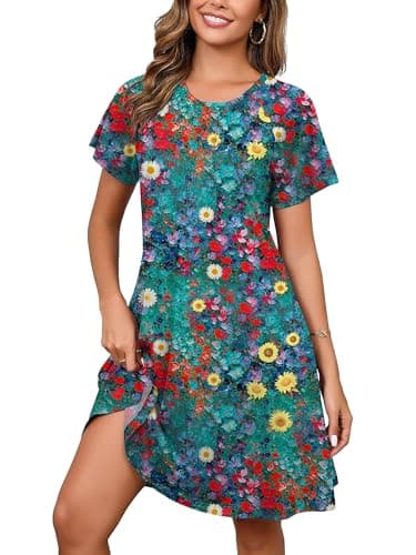 Heymoments Women Short Sleeve Dress Floral Print X-Large Plus Size Crewneck Casual Flowy Below Knee Length Sundress Comfortable Shirt Work Summer Vacation Cheap Boho Dresses with Pockets - Image 1
