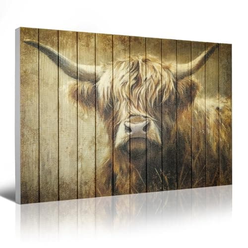 llribbons Handmade Highland Cow Wall Art, Rustic Farmhouse Canvas Painting Animal Wall Decor 3D Textured Fabric Tape Prints on Wood Plank Style for Living Room, Bedroom, Kitchen, Bathroom – 20" x 28" - Image 1