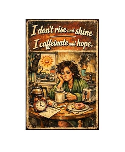 I Don’t Rise And Shine I Caffeinate And Hope Tin Sign Funny Morning Coffee Humor Vintage Metal Wall Decor Sarcastic Quote Rustic Plaque Kitchen Office Home Bar Gift 8x12 Inch