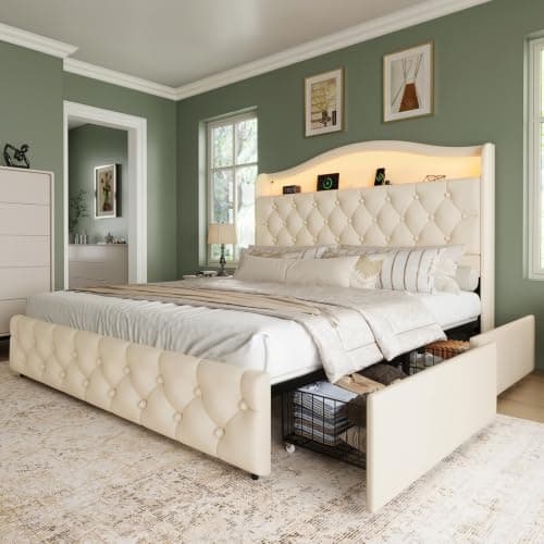 Uteeran Queen Size Bed Frame and Headboard & 4 Storage Drawers, Upholstered Platform Bed Frame with RGB LED Lights & Charging Station, No Box Spring Needed, Easy Assembly, Noise-Free, Beige