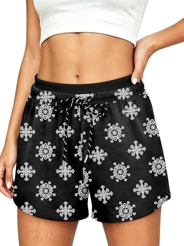 KISSMODA Women Snowflake Print Shorts Contrast Waist Drawstring Home Travel Party Outfits DesignBW S - Image 1