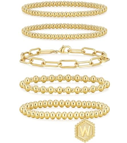 adoyi Gold Beaded Bracelets for Women, 14K Gold Plated Bracelet Stack Dainty Initial Stackable Stretch Bead Ball Letter W Strand Bracelet Set Adjustable Jewelry Sets Gift for Women - Image 1