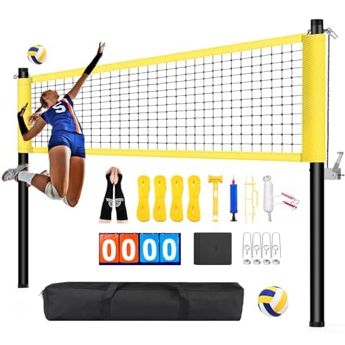Professional Outdoor Volleyball Net Set with Arm Sleeves & Beach Fixed Plate, Heavy Duty 32-Ply Reinforced Net with Steel Anti-Sag Winch, Height-Adjustable Poles, Carry Bag for Backyard Beach Lawn - Image 1