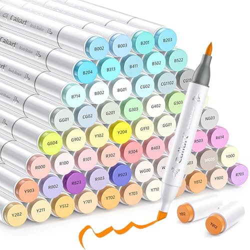 Caliart Pastel Alcohol Markers Brush Tip 61 Colors, Dual Tip Chisel & Brush Set Permanent Art Markers with Case for Artists Adult Coloring Books Illustration Drawing Supplies Gifts, Colorless Blender - Image 1