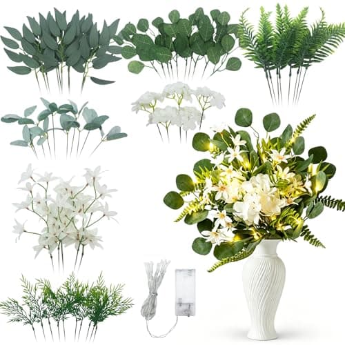 Pimf 60 Pcs Eucalyptus Greenery Stems Bulk, 7 Kinds Mixed Faux Eucalyptus Leaves & Silver Dollar Stems with White Flowers, DIY Wedding Bouquets, Centerpieces & Vase Arrangements with LED Lights - Image 1