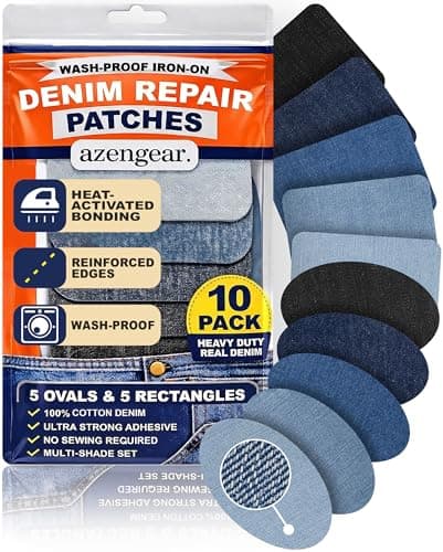 Iron-On Real Denim Repair Patches for Jeans (5 Ovals + 5 Rectangles Kit) Wash-Proof, Heavy Duty, Apply Inside or Outside, Strong Adhesive, Shades of Blue & Black, Ideal for Knees, Thighs, Elbows - Image 1