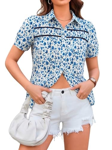 AOVDE Women Floral Leopard Button Down Shirts Puff Sleeve Blouse Contrast Trim Casual Dressy Summer Tops - Image 1
