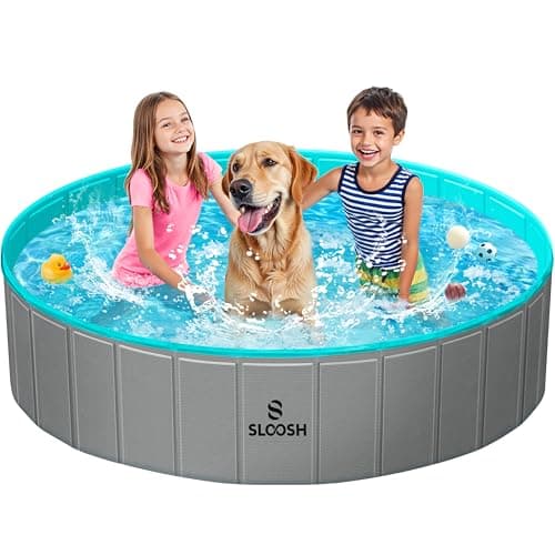 SLOOSH Foldable Dog Kiddie Pool - Portable Hard Plastic Doggie Swimming Pool, Anti-Slip Collapsible Pets Bath Tub Suitable for Kids Toddler Indoor Outdoor Backyard Use (Gray, 63" x 12")