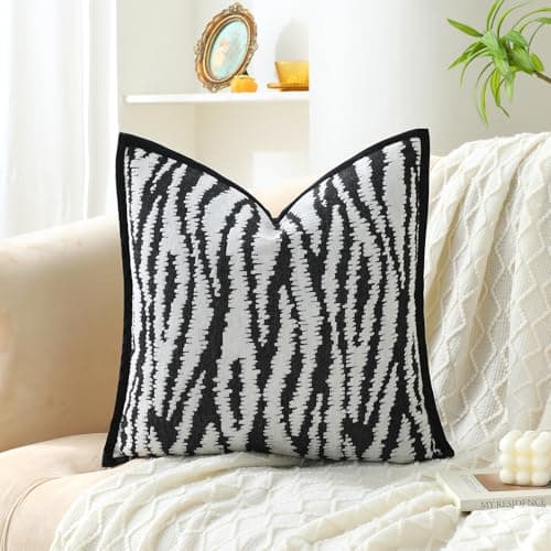 OLSUNOR Black and White Pillow Covers, 18x18 inch Striped Decorative Throw Pillow Covers w/Invisible Zipper & Velvet Flange Edge, Soft Chenille Jacquard Accent Pillow for Mother's Day, Home Decor