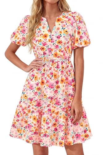 dowerme Women Summer Casual Dresses 2026 Puff Short Sleeve V Neck Floral Boho Midi Dress Flowy Ruffle Spring Sundress(Pink Flowers,Large) - Image 1