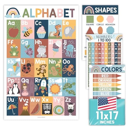 Hadley Designs Educational ABC Posters for Classroom Wall Decor - Preschool Learning Posters for Toddlers 1-3, Shapes Color 1-100 Number Chart & Alphabet Poster, Daycare Playroom Homeschool Essentials - Image 1
