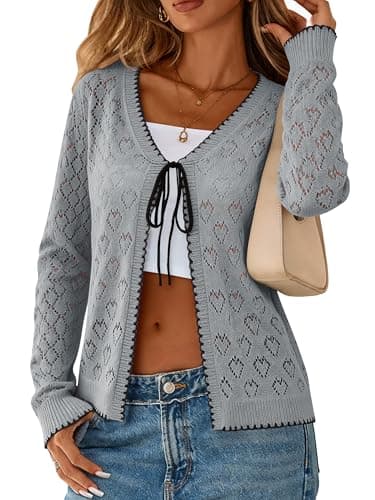 Biodeer Women's Crochet Cardigan Sweater Long Sleeve Tie Front Top Pointelle Hollow Out Knit Shrug Silver Gray - Image 1