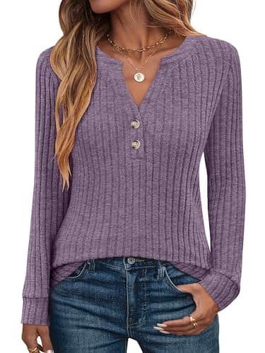 ANRABESS Womens Long Sleeve Henley Shirts 2026 Fall Tunic Tops Ribbed Knit Lightweight Sweaters Dressy Casual Blouse Outfits Purple Medium - Image 1