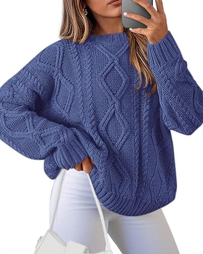 BTFBM Casual Women Long Sleeve Sweater 2026 Fall Ribbed Knit Pullover Loose Crewneck Cable Sweater Jumper Tops(Denim Blue,Medium) - Image 1