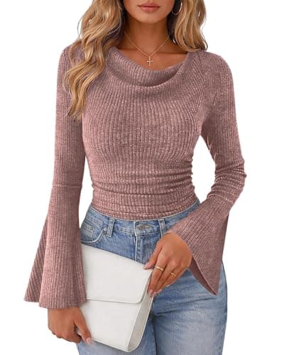 Lazysmile Women's Bell Sleeve Cowl Neck Ribbed Knit Shirts 2063 Ruched Trendy Going Out Tops Casual T Shirt Light Pink - Image 1