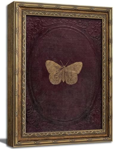 Gold Framed Wall Art, Vintage Burgundy Gold Butterfly Canvas Prints - Antique Victorian Moth Pictures, Dark Academia Library Insect Decor Gallery Artwork for Living Room, Bedroom 12x16 inch - Image 1