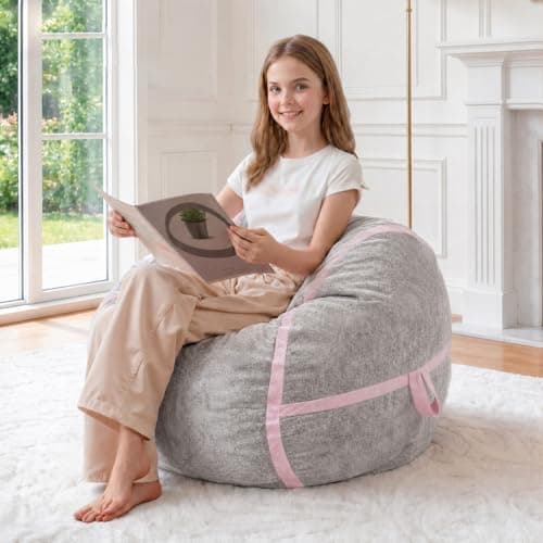 HABUTWAY 2FT Bean Bag Chair, Small BeanBag Chairs with Memory Foam Filled, Ultra-Soft Velvet Bean Bag Chair with Portable Handle, Comfy Bean Bag Sofa for Living Room, No Assembly - Light Grey & Pink - Image 1